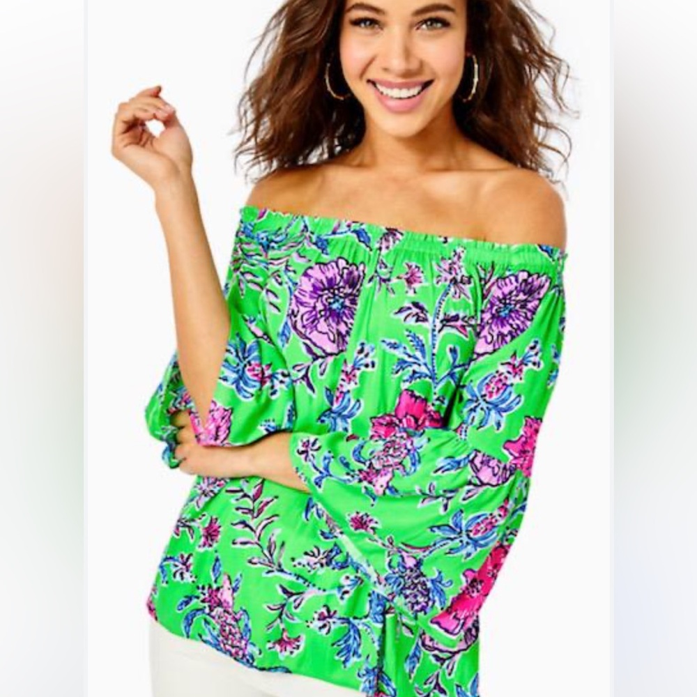 Lilly Pulitzer Nevie Off-Shoulder Top Brewster Blooms Gecko Green‎ XS Floral